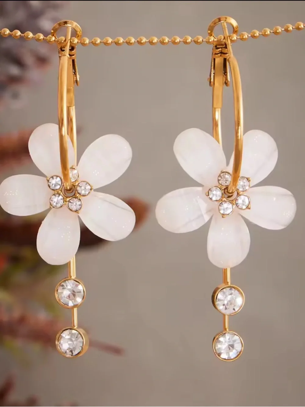 Floral Anthropologie Gold Hoop Earrings with Cream Charms and Crystal Drops